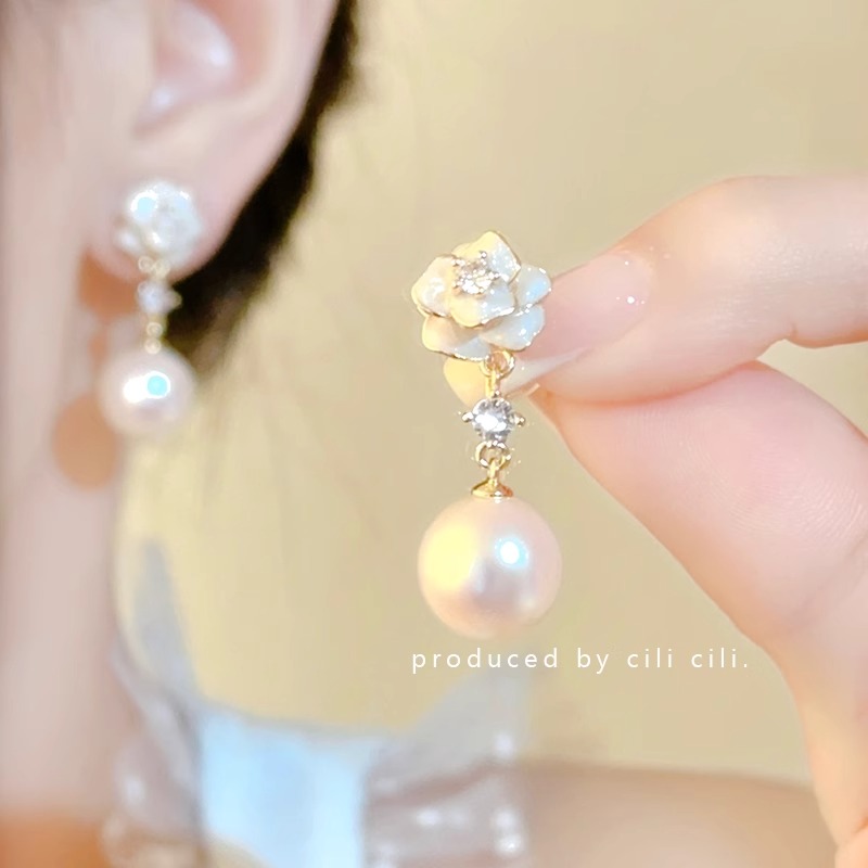 「奶霜山茶」温柔小香风花朵珠珠耳钉流苏时尚简约法式耳环耳饰女