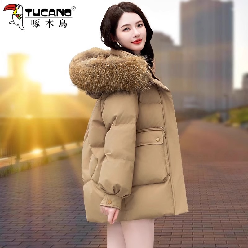 【官方】啄木鸟羽绒服女士中长款冬季2025年新款爆款大毛领短款外套