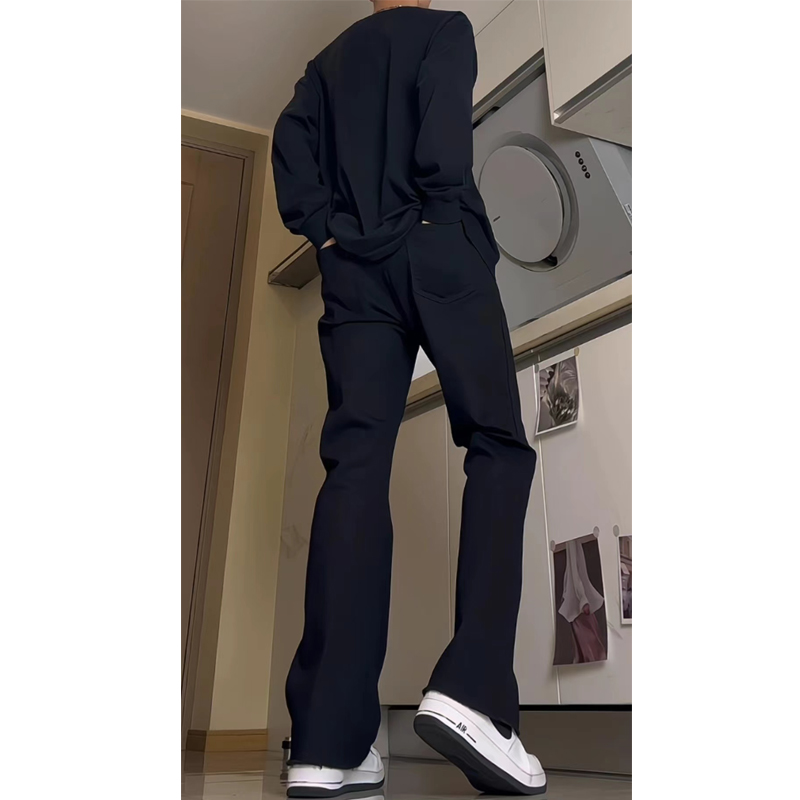 黑色弹力牛仔裤男秋冬季加绒加厚高街显瘦微喇休闲裤直筒窄版裤子