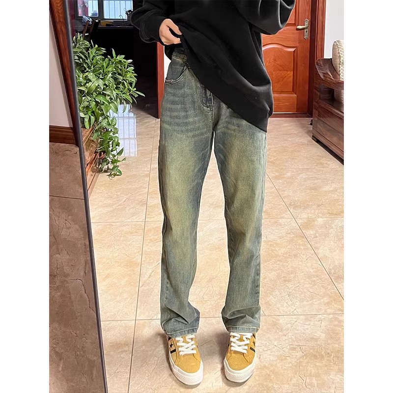 复古蓝色牛仔裤男秋冬季加绒加厚水洗做旧裤子高街弹力微喇直筒裤