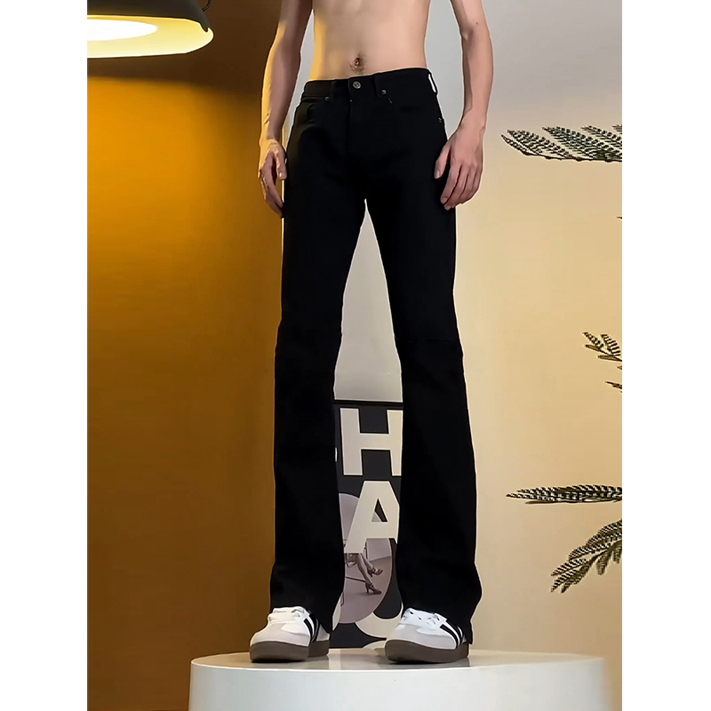 高弹力黑色弯刀牛仔裤男款秋冬季加绒加厚517微喇裤vibe高街裤子