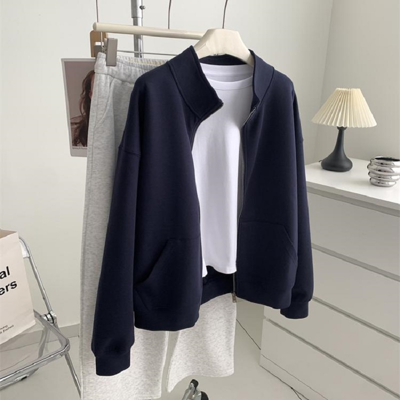 HONG JIA LIN/虹嘉琳藏青色显白减龄大码立领空气层拉链卫衣外套