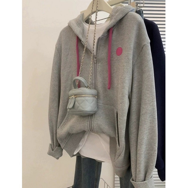 HONG JIA LIN/虹嘉琳灰色连帽卫衣外套春秋新款休闲大码拉链开衫