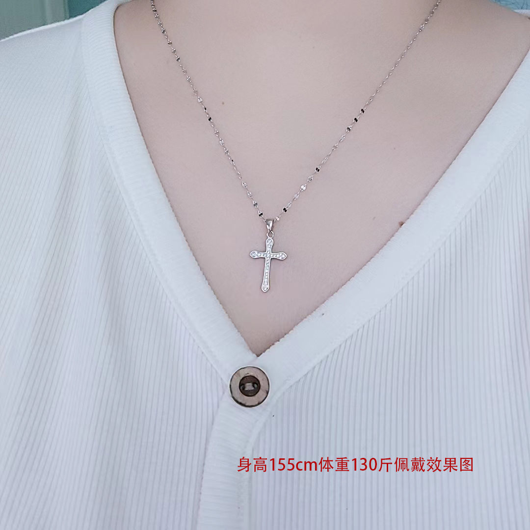 坠链均925银合成锆石 纯银十字架项链镶钻女款小号时尚百搭