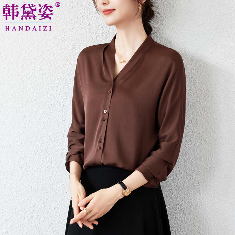 纯色V领重磅真丝衬衫女长袖2025春装新款气质减龄衬衣桑蚕丝上衣