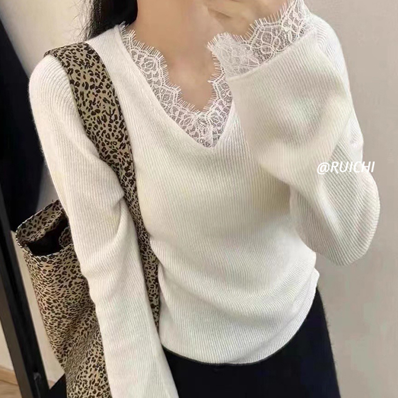 韩版通勤蕾丝V领2025秋季新款时尚打底衫针织衫长袖上衣女洋气