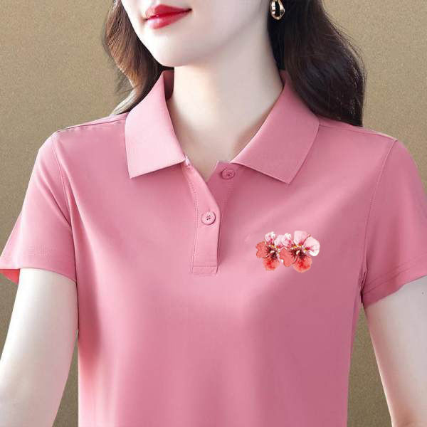 妈妈装中老年翻领polo衫宽松百搭短袖上衣大码休闲polo领印花T恤