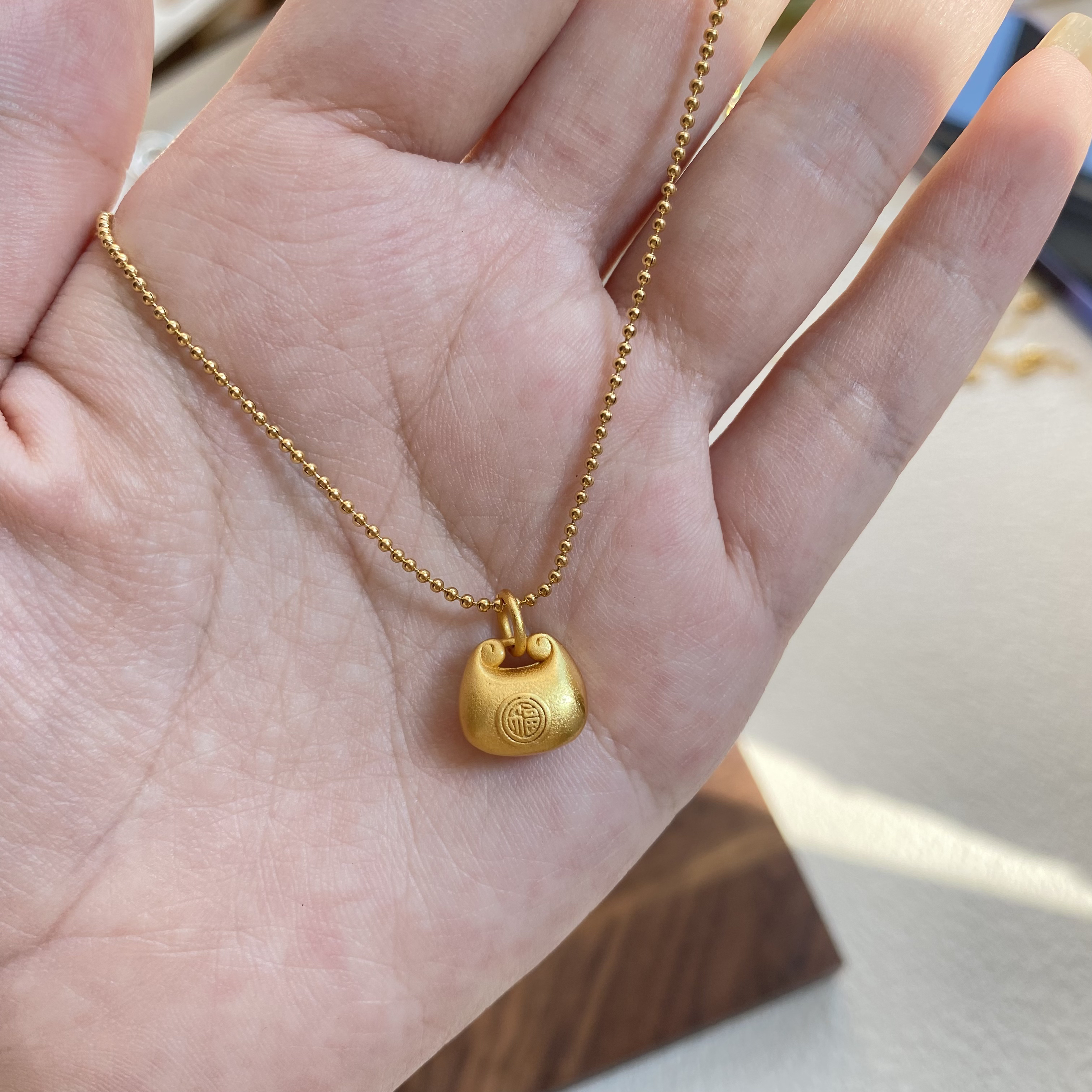 铜合金项链 【胖墩】元气可爱立体小福袋精致小巧百搭锁骨链5.3克