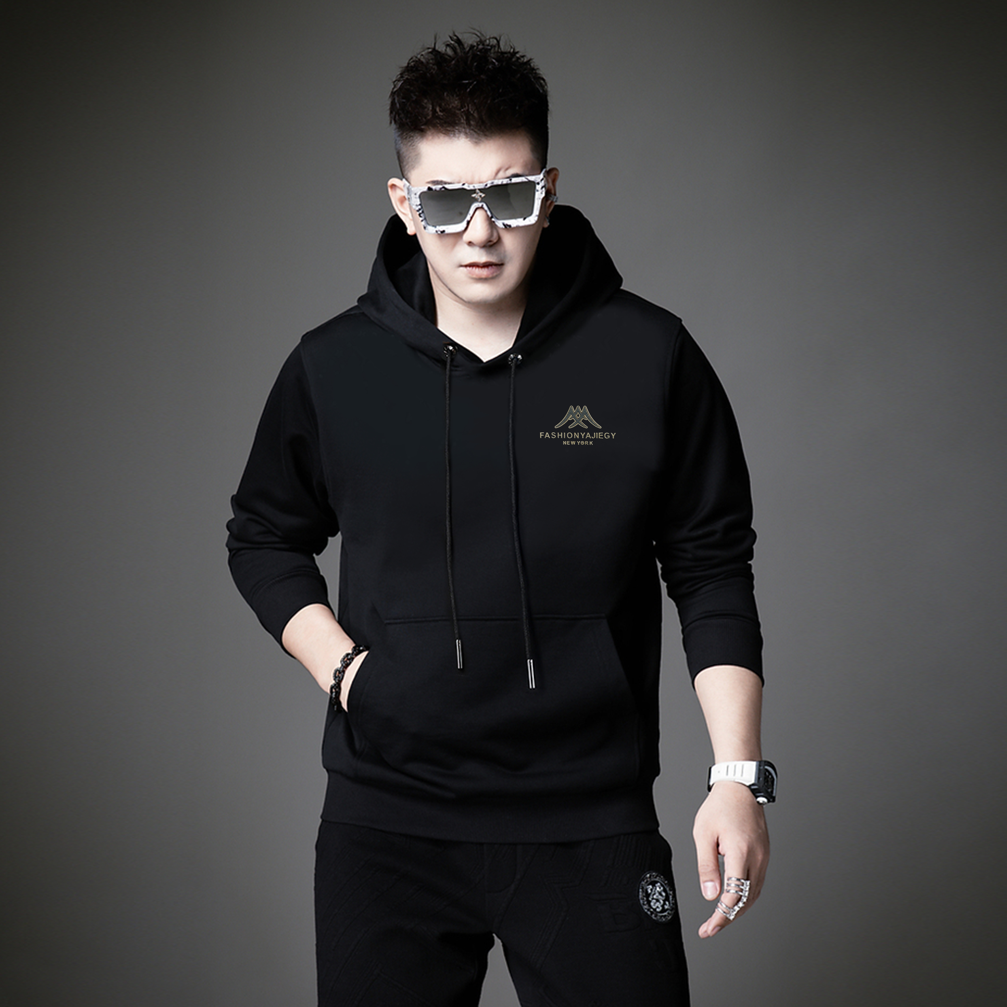 欧洲站高端潮牌连帽加绒男士卫衣2025新款秋冬加厚时尚上衣男帽衫