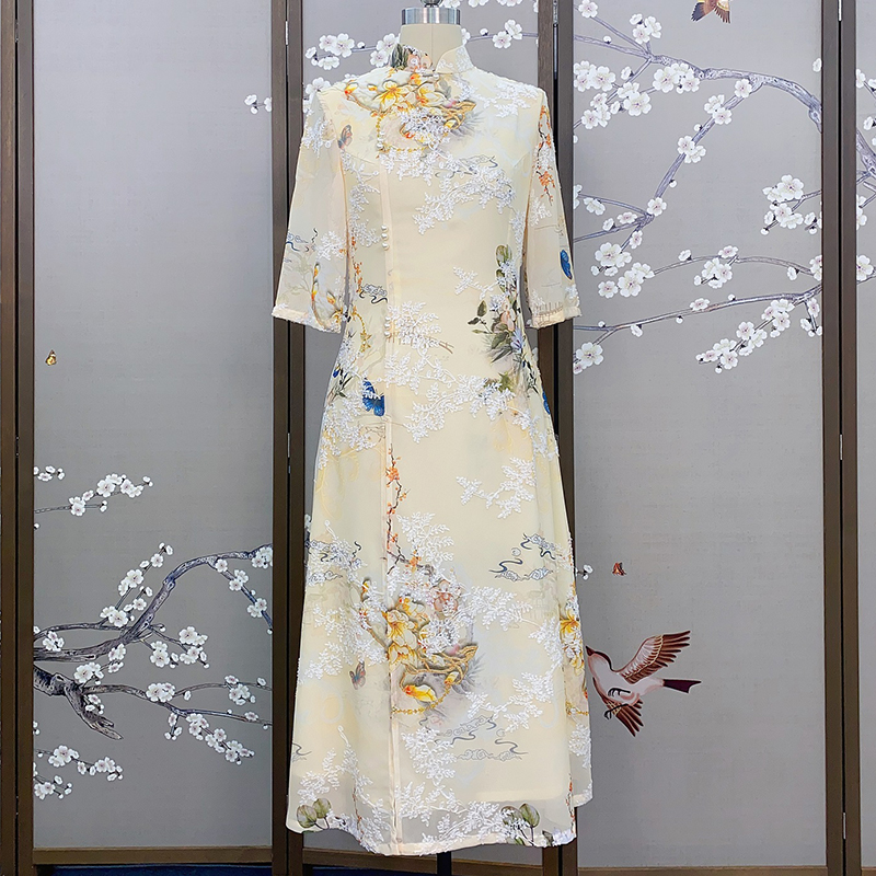 百花齐放改良遮肚中长款旗袍裙夏季日常印花显瘦修身中国风旗袍