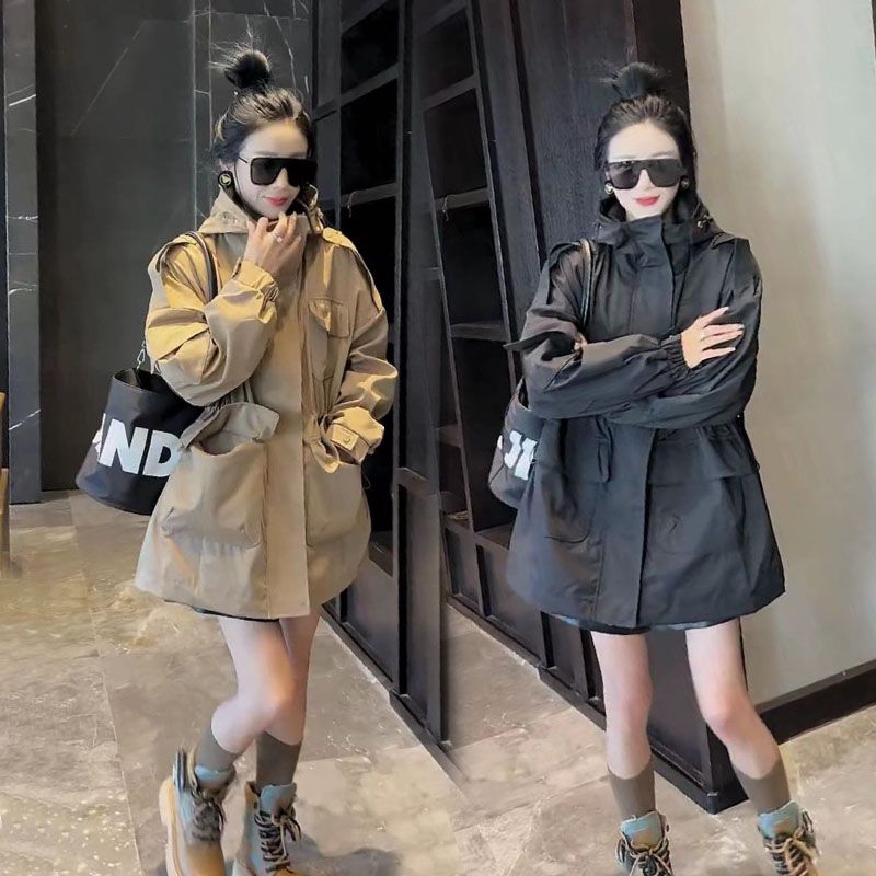 欧货2023春秋季新款韩版时尚休闲连帽工装外套女风衣中长款冲锋衣