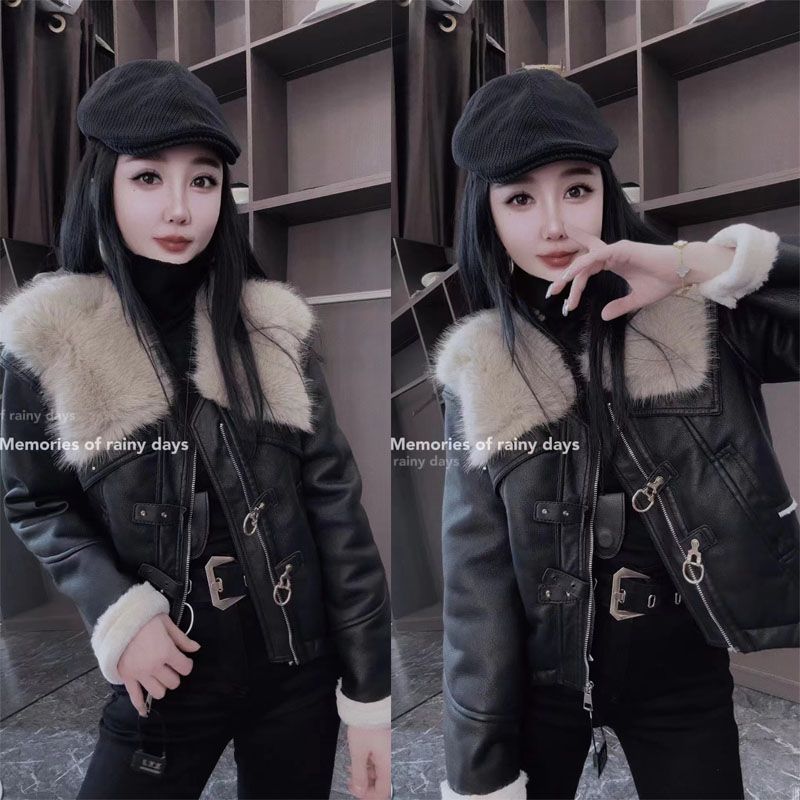 冬季皮毛一体短款外套女欧货复古2025大毛领加绒加厚pu皮夹克上衣