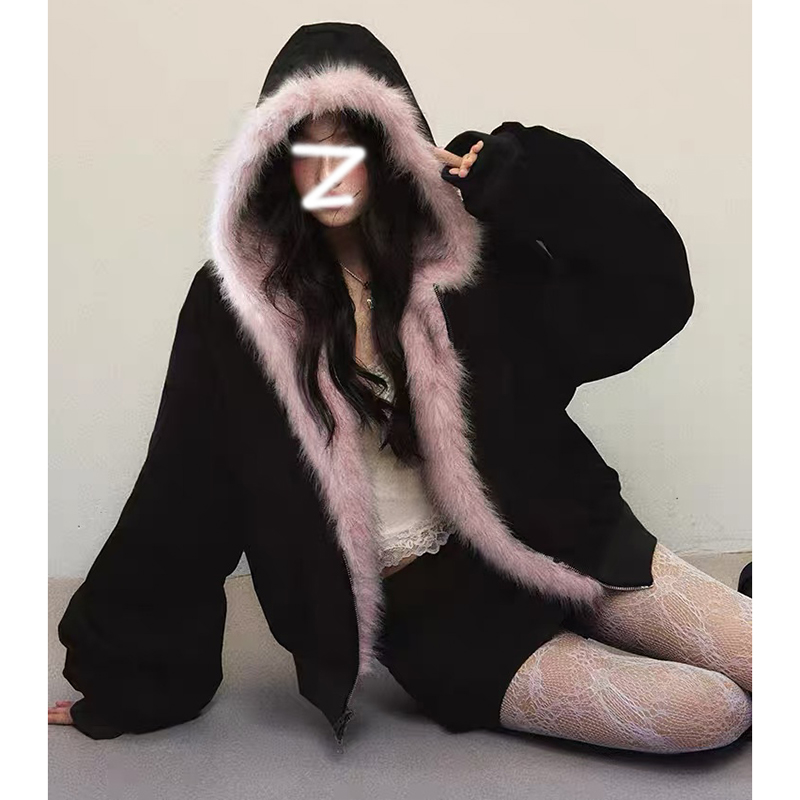 粉墨正反两穿长袖双拉链卫衣冬连帽上衣秋冬加厚保暖美式外套女