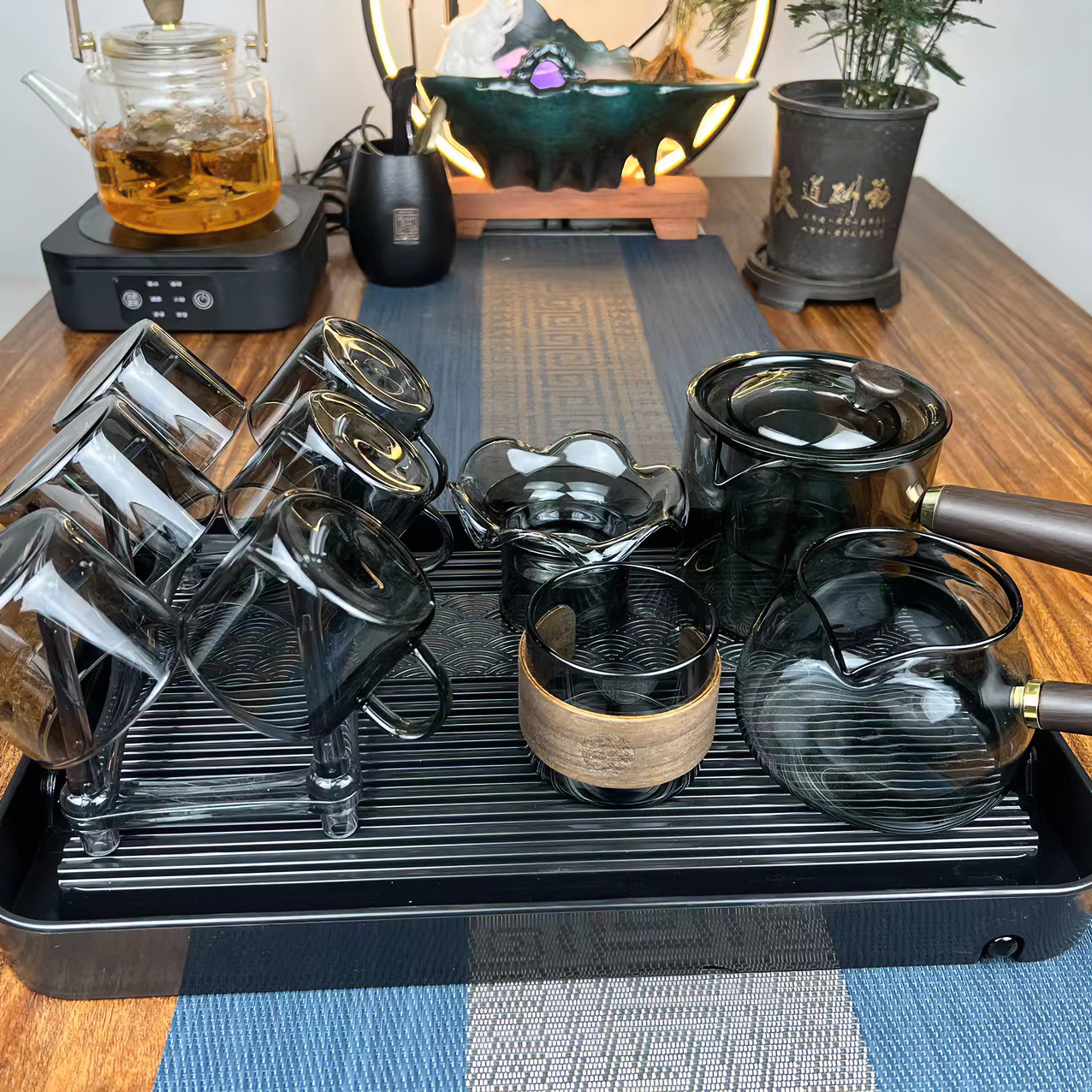 新款高硼硅透明玻璃木把手轻奢高档加厚家用侧把壶茶具12件套套装