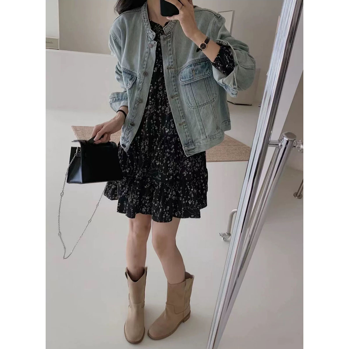 大码女装盐甜系穿搭时尚秋装裙子牛仔外套显瘦碎花连衣裙秋