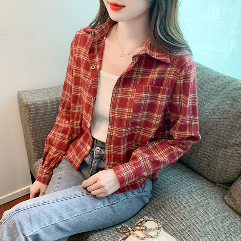 磨毛格子衬衫女士装春秋冬季2025年新款加绒加厚上衣小衫长袖衬衣