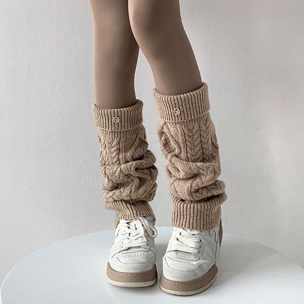 美拉德棕色袜套冬天麻花针织翻边腿套韩国老板娘同款及膝保暖加厚