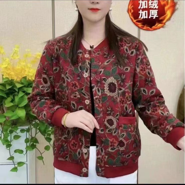 2023冬季新款棉服加绒加厚妈妈装碎花小棉袄保暖网红休闲百搭外套