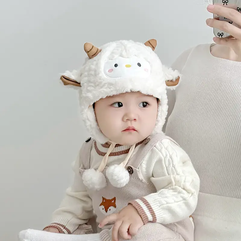 宝宝帽子可爱卡通保暖加厚毛绒系带帽男童女童秋冬款婴儿护耳帽潮