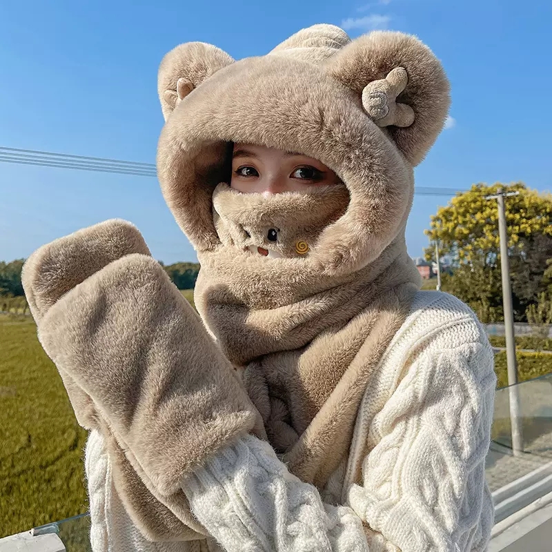 小熊耳朵加厚帽子围巾一体女冬季防寒毛绒围脖手套骑车保暖防风帽