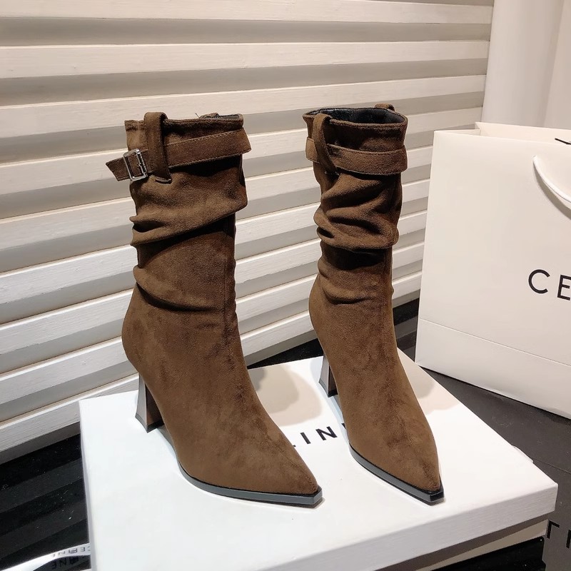 秒变大长腿!韩版时尚褶皱皮带扣绒面尖头细跟中筒堆堆靴高跟短靴