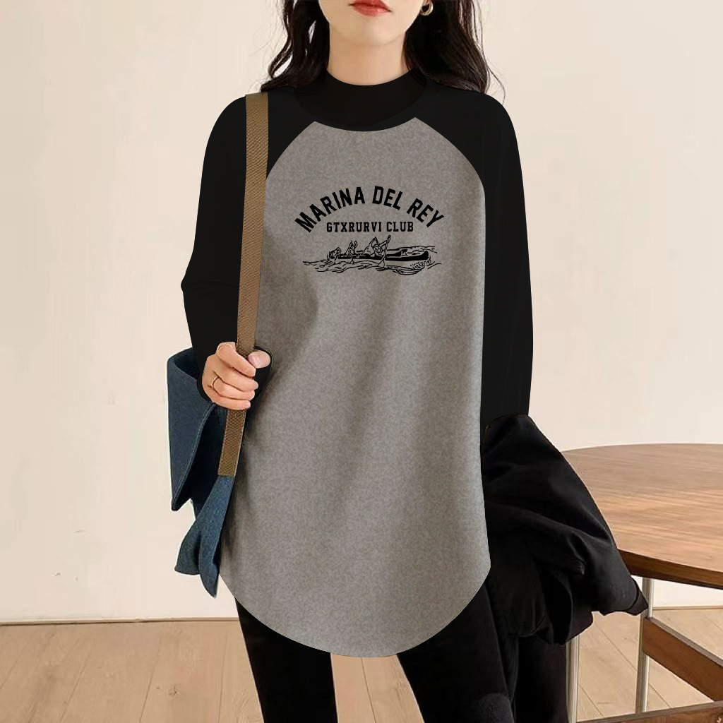 搭配鲨鱼裤半高领撞色加厚款德绒长袖t恤女中长款过臀上衣秋冬季