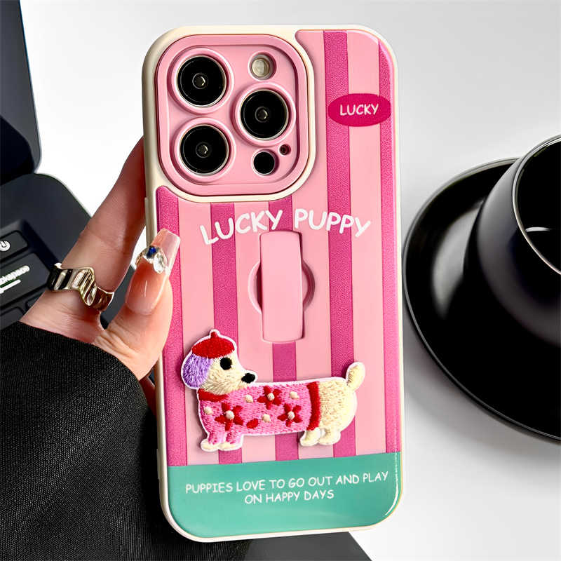 隐形指环条纹腊肠狗适用iphone16promax苹果15手机壳14支架小众13