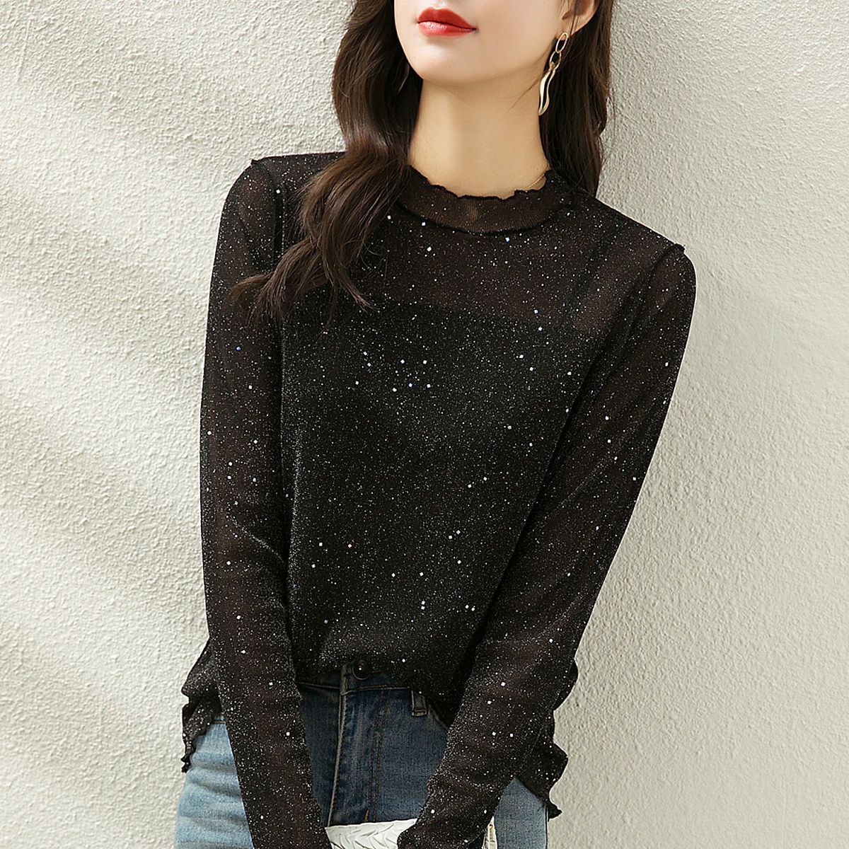 2025常规/加绒加厚时尚简约修身气质显瘦亮片弹性花边打底衫女潮