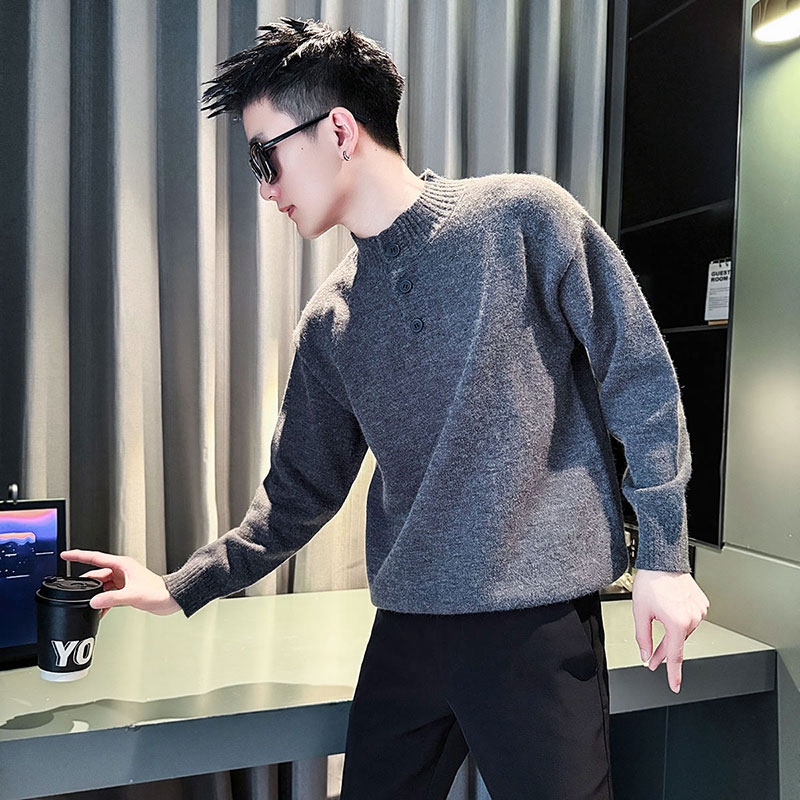 灰色毛衣男士秋冬季款2024新款爆款立领针织男装内搭打底线衫外套