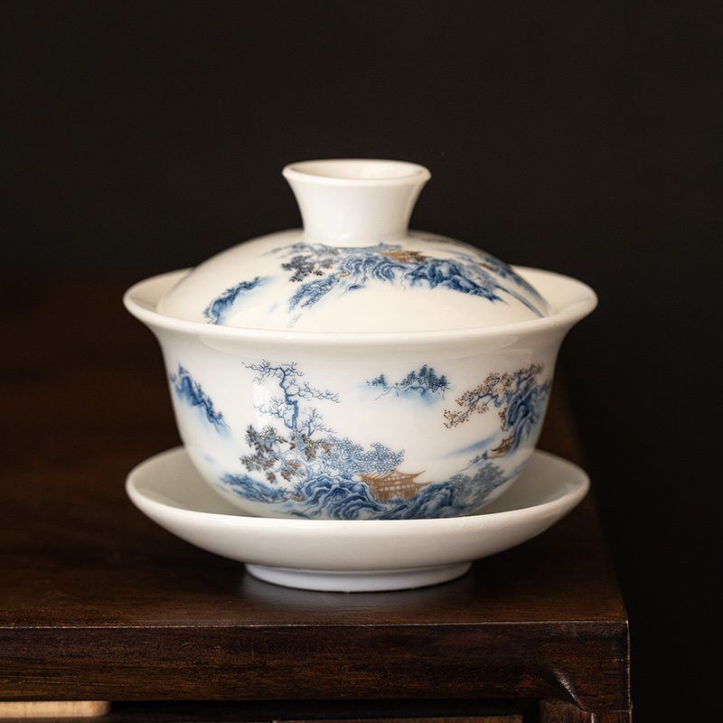 羊脂玉白瓷防烫盖碗茶杯单个三才大号功夫茶具套装家用泡茶碗带盖