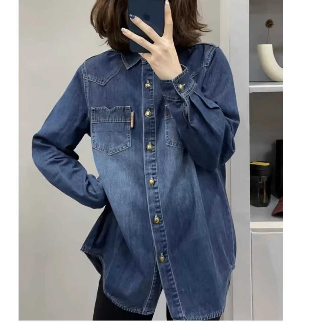 正品牛仔衬衫女2024春秋新款宽松设计感叠穿上衣休闲开衫衬衣外套