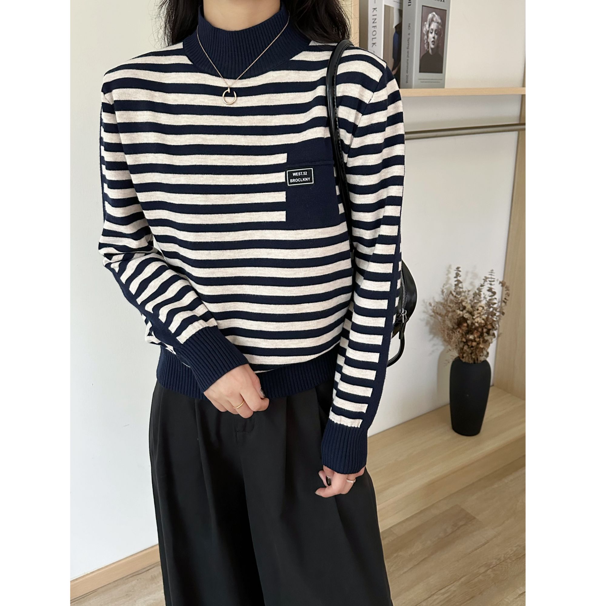 秋冬新款韩版半高领条纹撞色套头长袖针织衫毛衣女2543-1