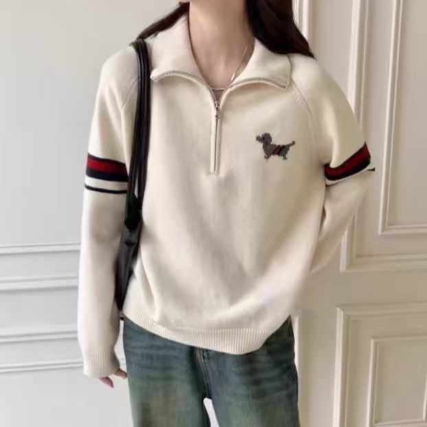 秋冬新款小狗提花立领拉链针织套百搭毛衣女1301-2