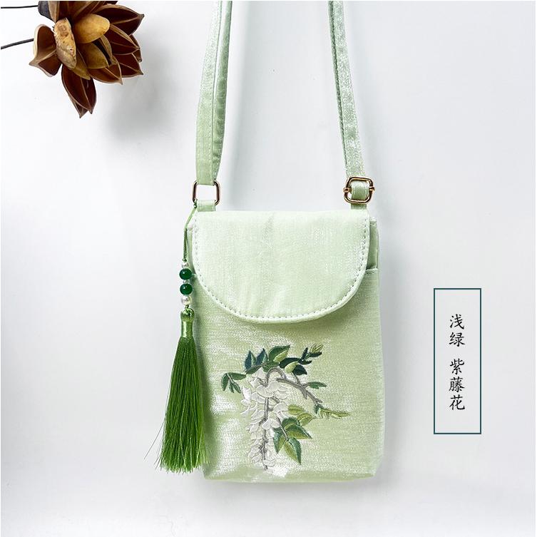 时尚可调节双层手机包文艺亮丝缎刺绣翻盖汉服古风包包女士小方包