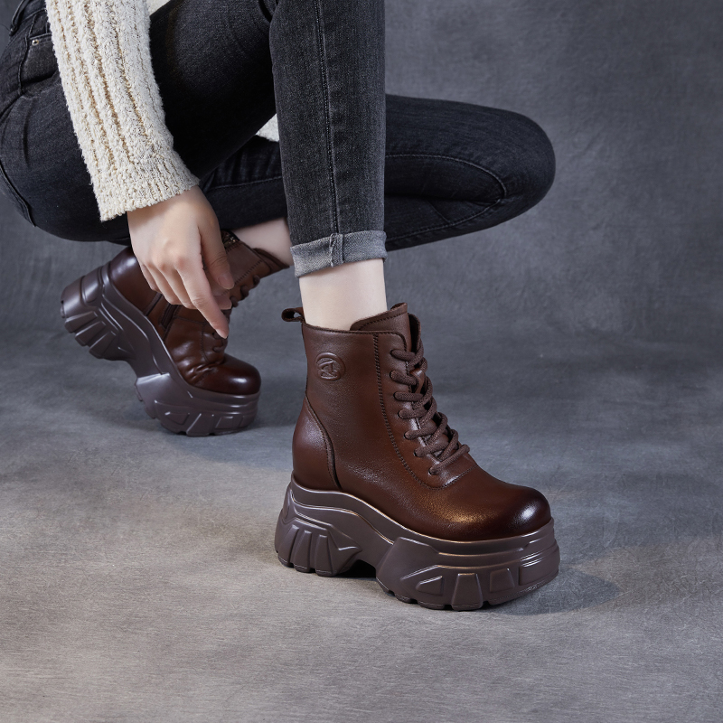 10CM内增高小个子马丁靴女秋冬新款头层牛皮超高厚底英伦潮酷复古