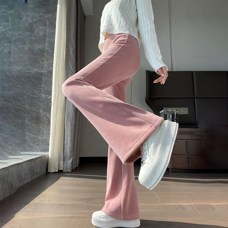 粉色高腰收腹微喇裤女加绒秋冬款小个子修身显瘦喇叭裤子2024新款
