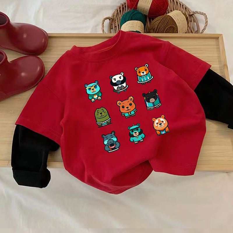 儿童秋装纯棉假两件长袖T恤男女童水豚卡通印花圆领上衣中小童潮