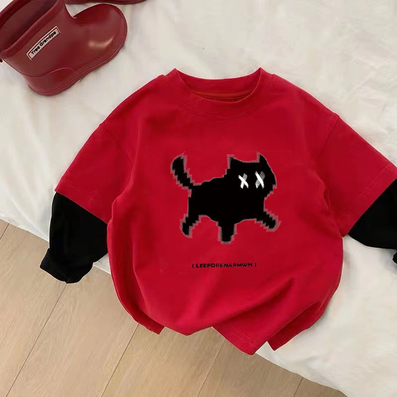 红色假两件长袖T恤春秋薄款男女童外穿上衣圆领卡通猫咪潮牌童装