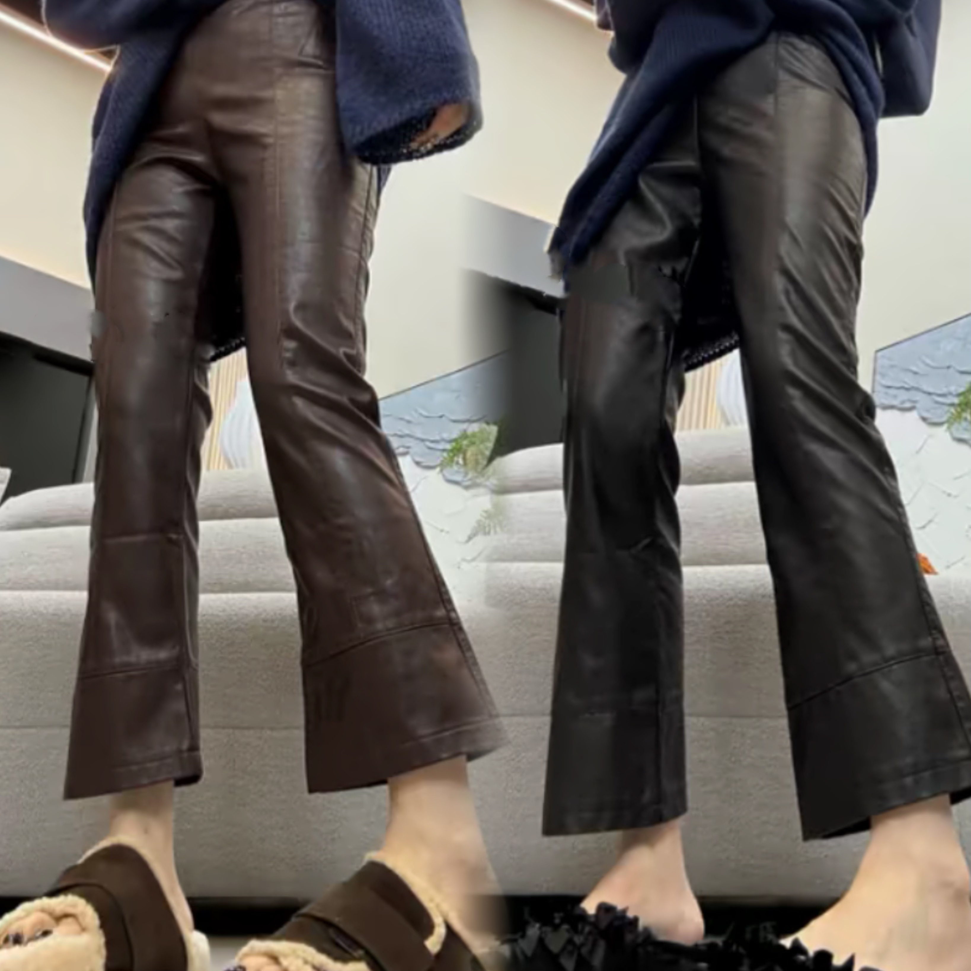 皮U皮裤女2025秋冬新款显瘦百搭高腰微喇叭裤九分裤仿皮裤喇叭裤