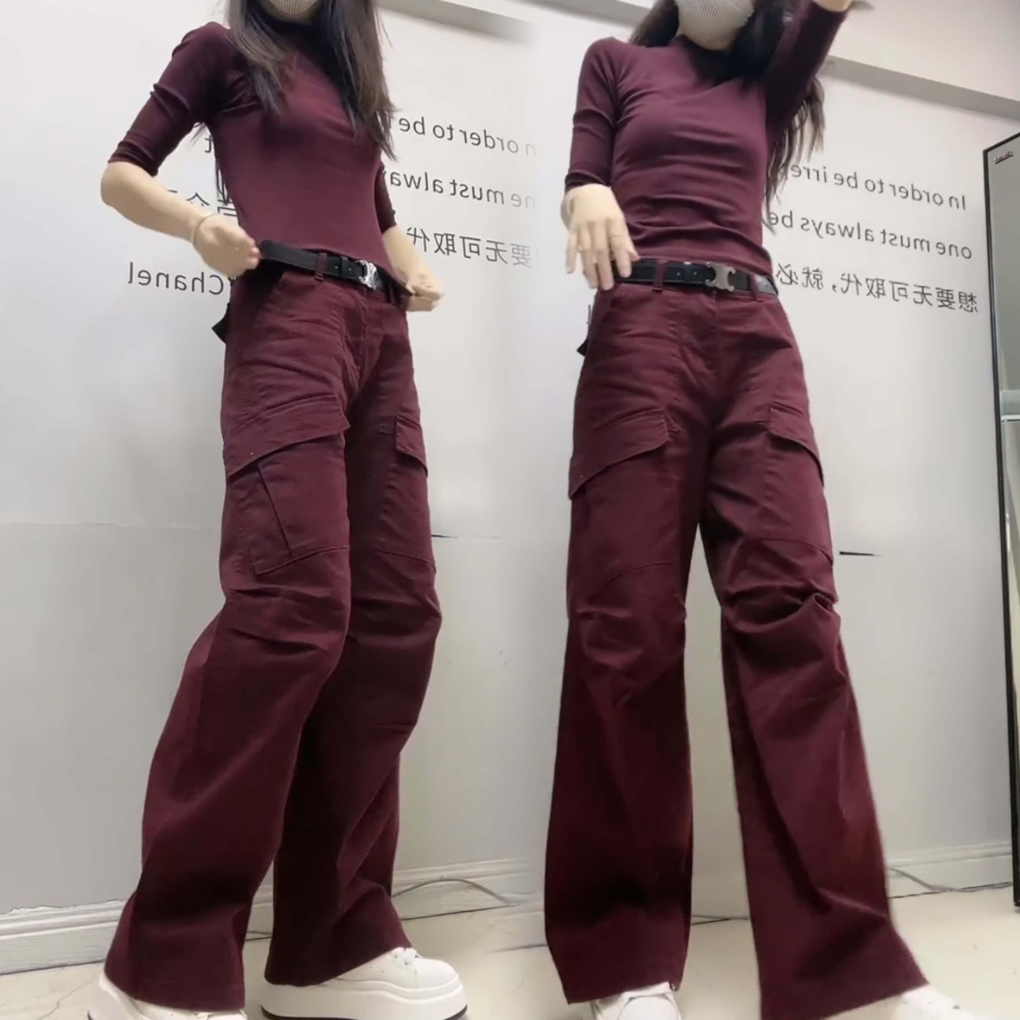 欧货秋冬新款休闲裤女高腰显瘦工装弯刀裤高个子直筒宽腿拖地裤潮