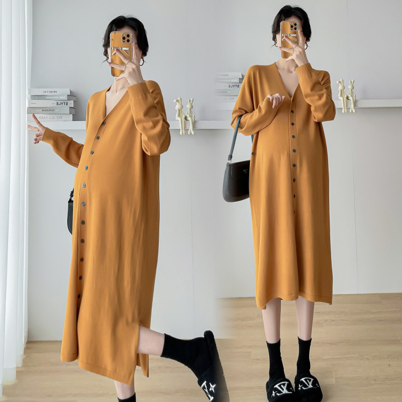 孕妇春装新款韩版时尚气质外穿解扣可哺乳百搭中长款针织连衣裙子