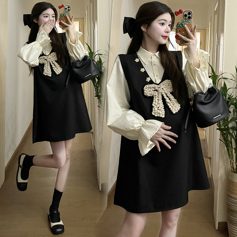 孕妇装2025秋季新款时尚小个子甜美显瘦中长款假两件孕妇连衣裙子