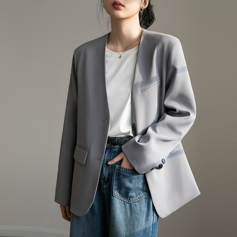 无领西装外套女新款韩版休闲英伦风小个子西服宽松气质设计洋气感