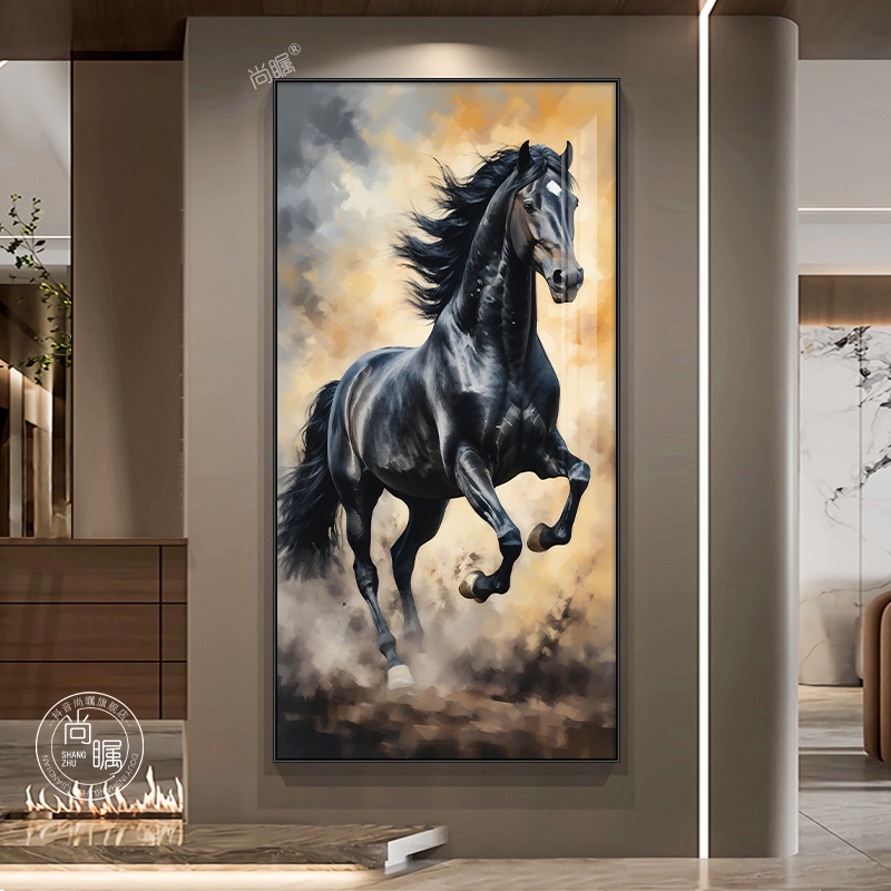 黑马玄关装饰画骏马图入户走廊过道楼梯墙壁画马到成功高档挂画