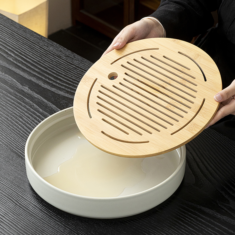 煌山汝窑茶盘家用小型新中式干泡茶台一人用圆形茶托盘简约沥水盘