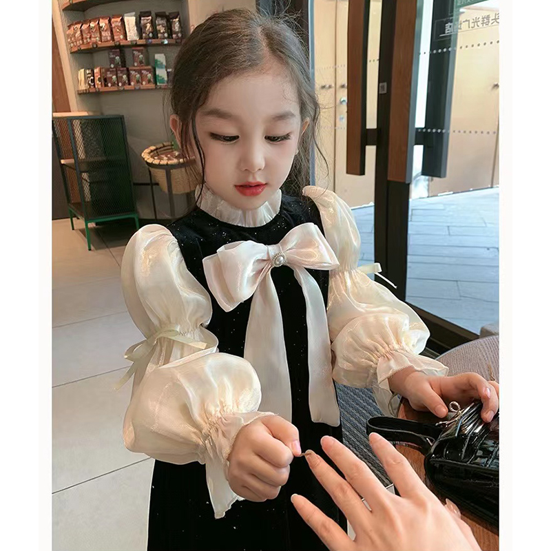 女童丝绒连衣裙春秋2025新款儿童黑色礼服裙子春装女孩公主裙洋气