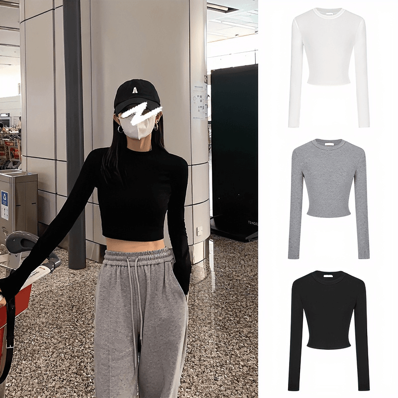 黑色短款打底衫T恤女2024早秋新款修身收腰百搭长袖紧身正肩上衣