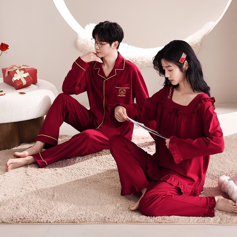 【两套礼盒装】红色情侣睡衣春秋季纯棉结婚新婚套装男女喜庆家居服