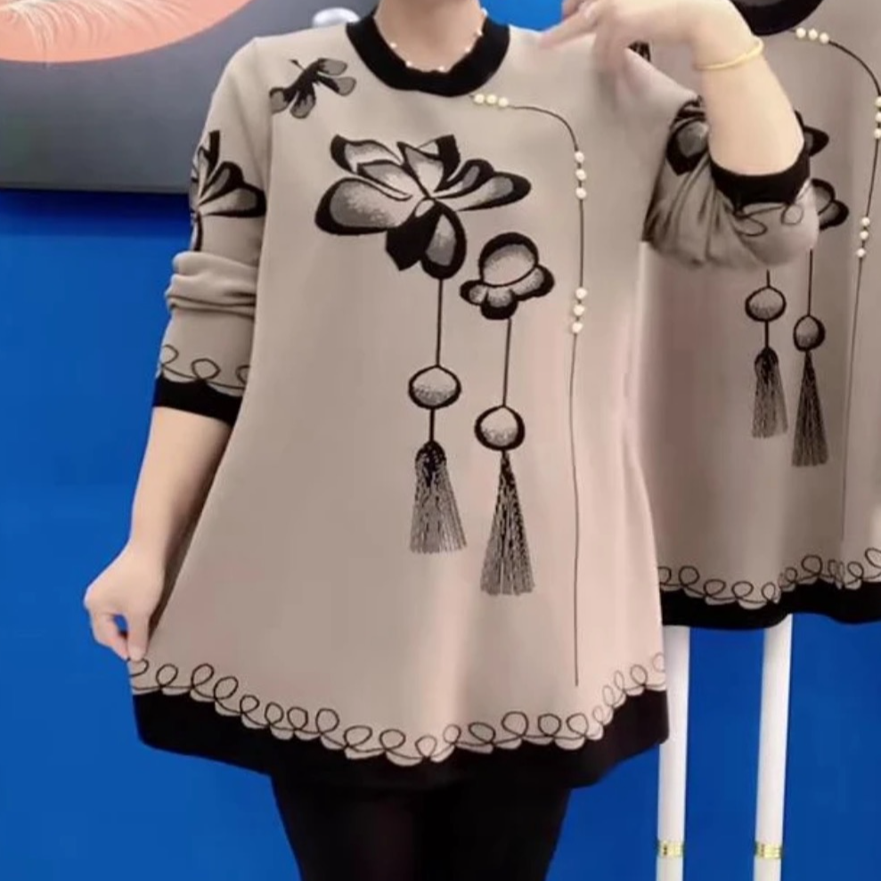 秋冬款国风花色毛衣针织衫2025新款宽松显瘦百搭减龄大码打底衫女