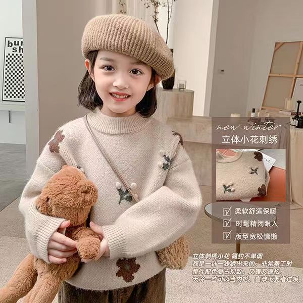 女童毛衣秋冬新款小女孩韩版洋气加厚保暖儿童冬季针织衫小花套头